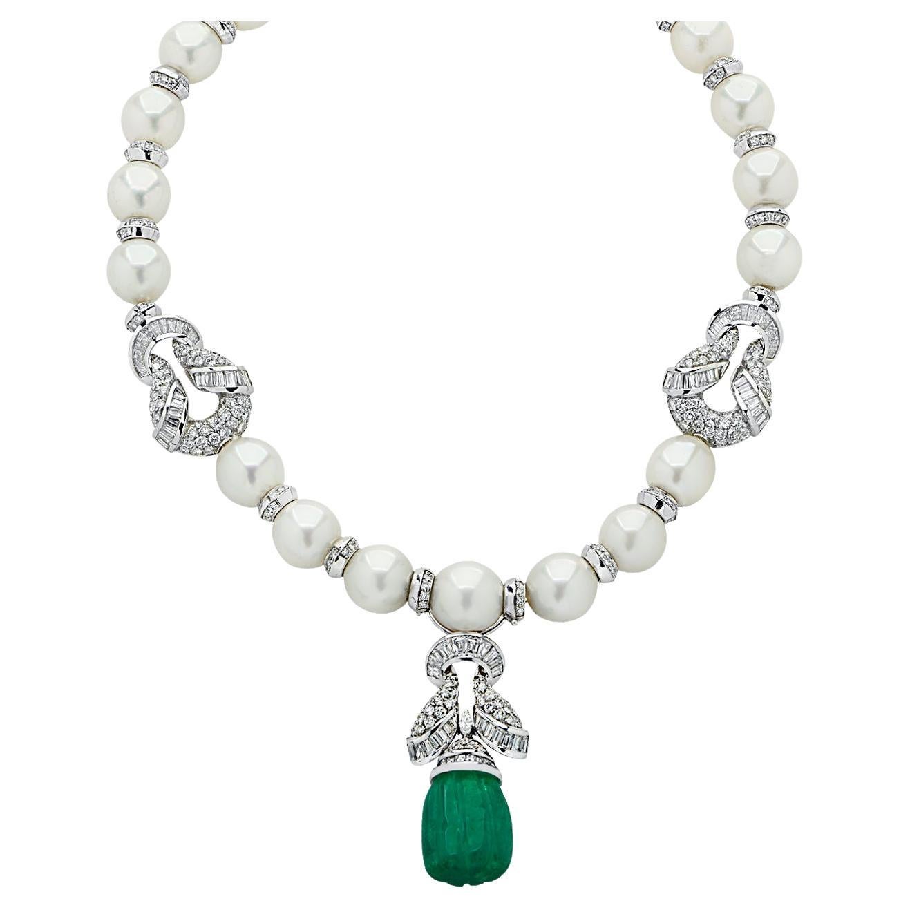 Piranesi Italy Diamond, Pearl and Carved Emerald Drop Necklace