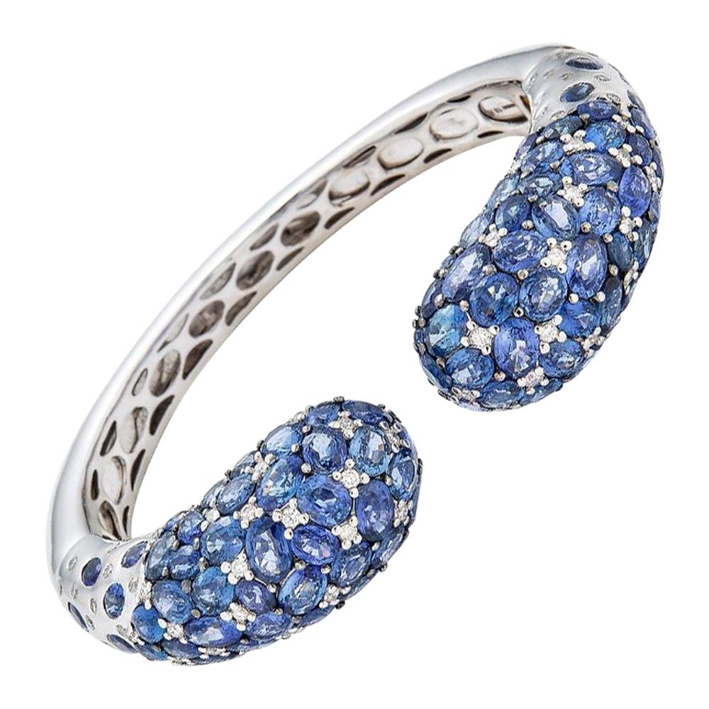 Piranesi Mosaique Open Bangle Bracelet in 18k White Gold with Blue Sapphires For Sale