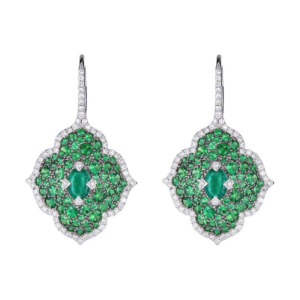 Piranesi Pacha on Wire Earrings in 18k White Gold 2.58cts Emerald & Tsavorite For Sale