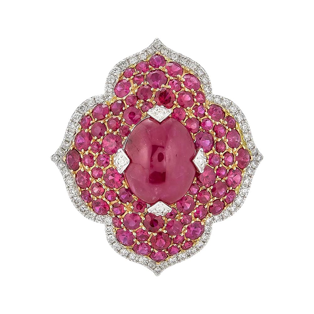 Piranesi Pacha Ring with 3.71 Cabochon Ruby and Round Diamonds For Sale