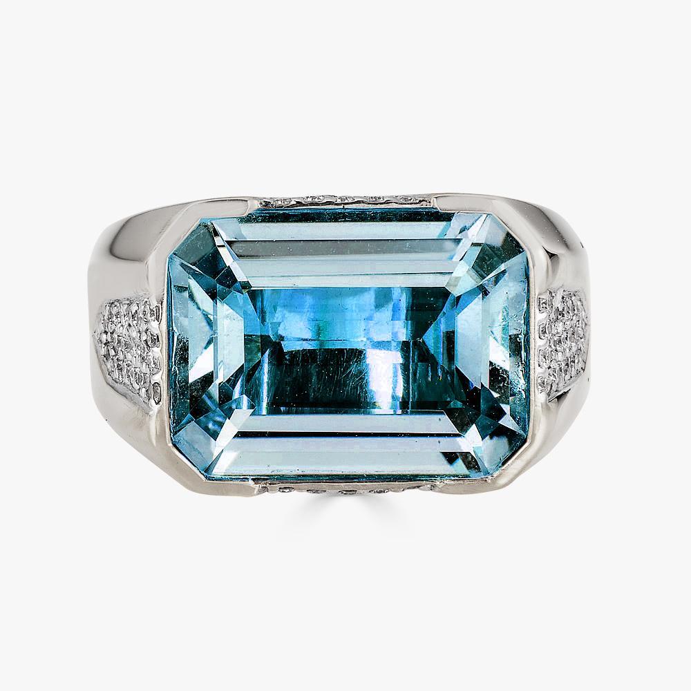 Emerald Cut Piranesi Pietra Large Ring in 18k White Gold with Blue Topaz and Diamond For Sale