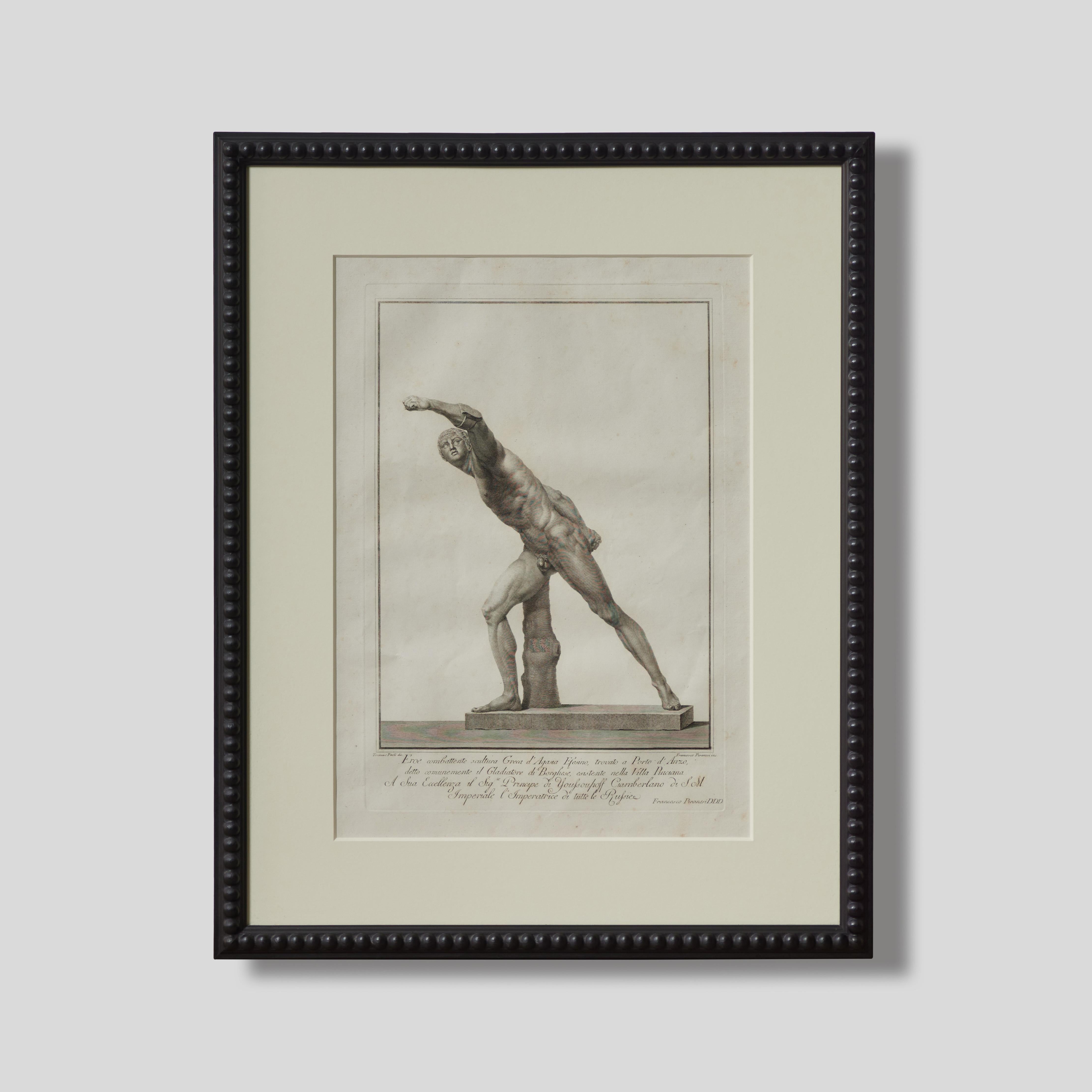Framed and signed print of the Borghese Gladiator by legendary engraver, etcher, and architect Francesco Piranesi. An masterful study of line, gesture, and torque, this special piece conjures a triumphant spirit. 

Italy, circa