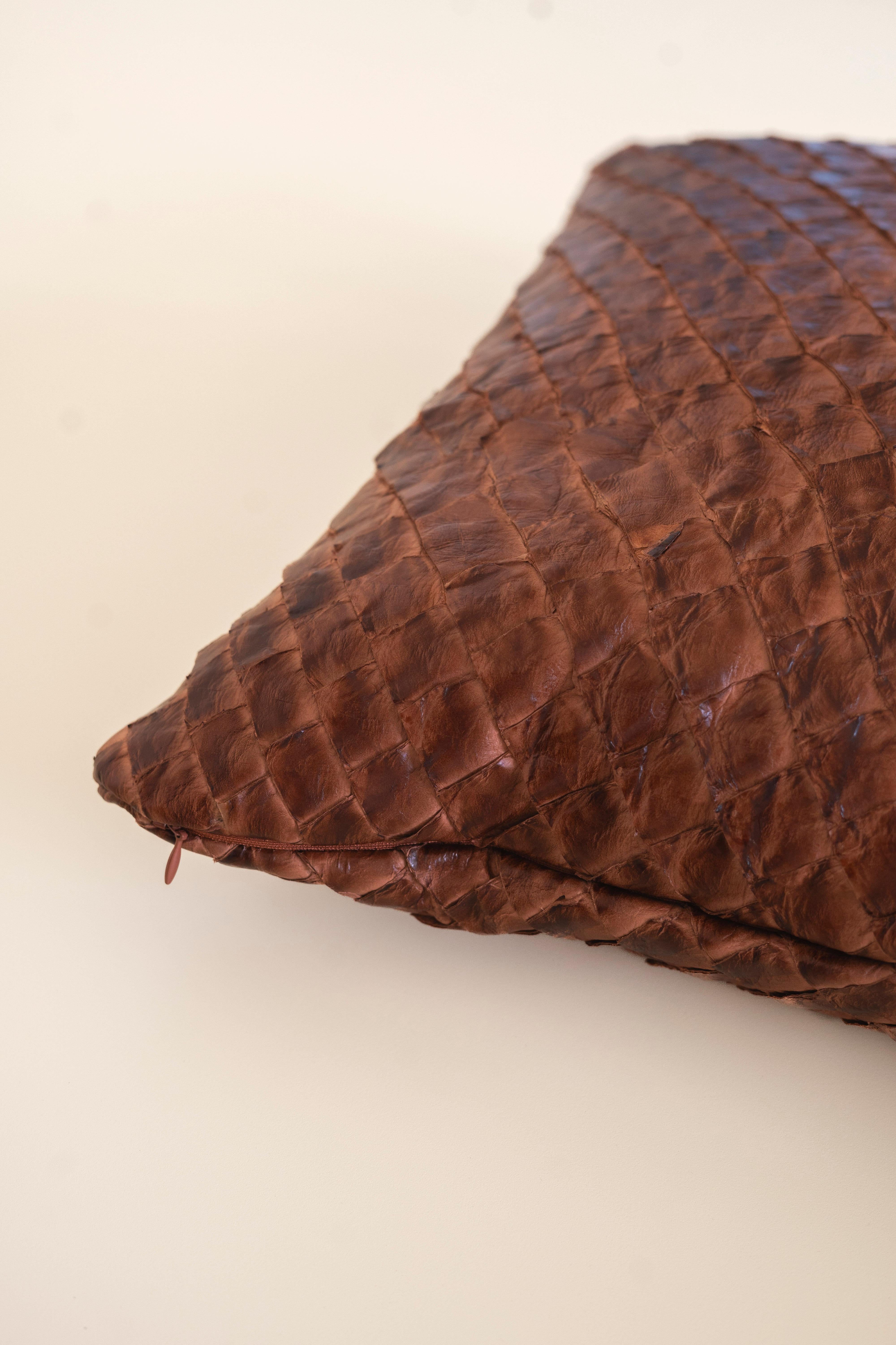 Mid-Century Modern Pirarucu Leather Cushion Seal Brown by Bossa Home Collection, 2025 For Sale