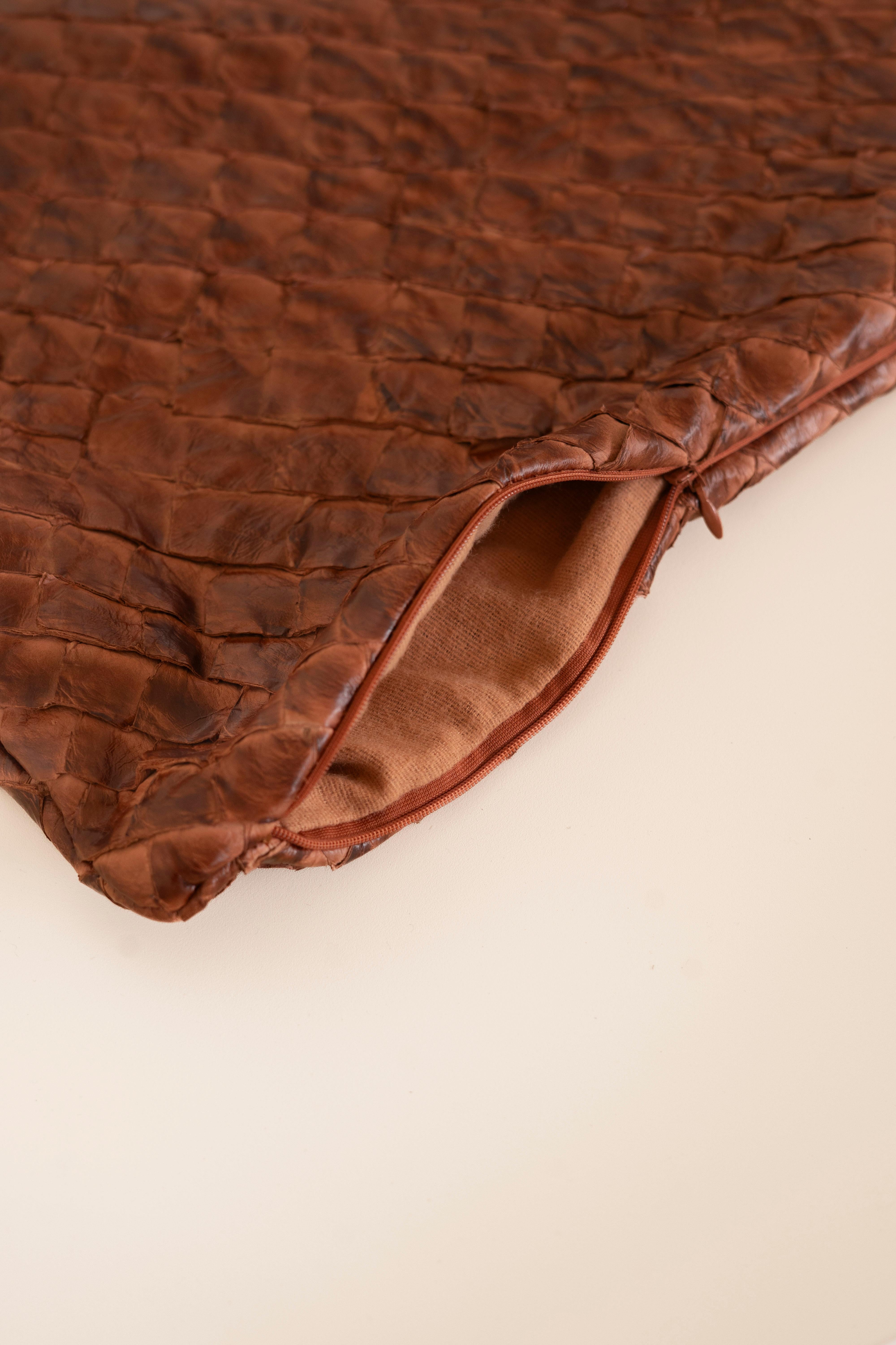 Brazilian Pirarucu Leather Cushion Seal Brown by Bossa Home Collection, 2025 For Sale