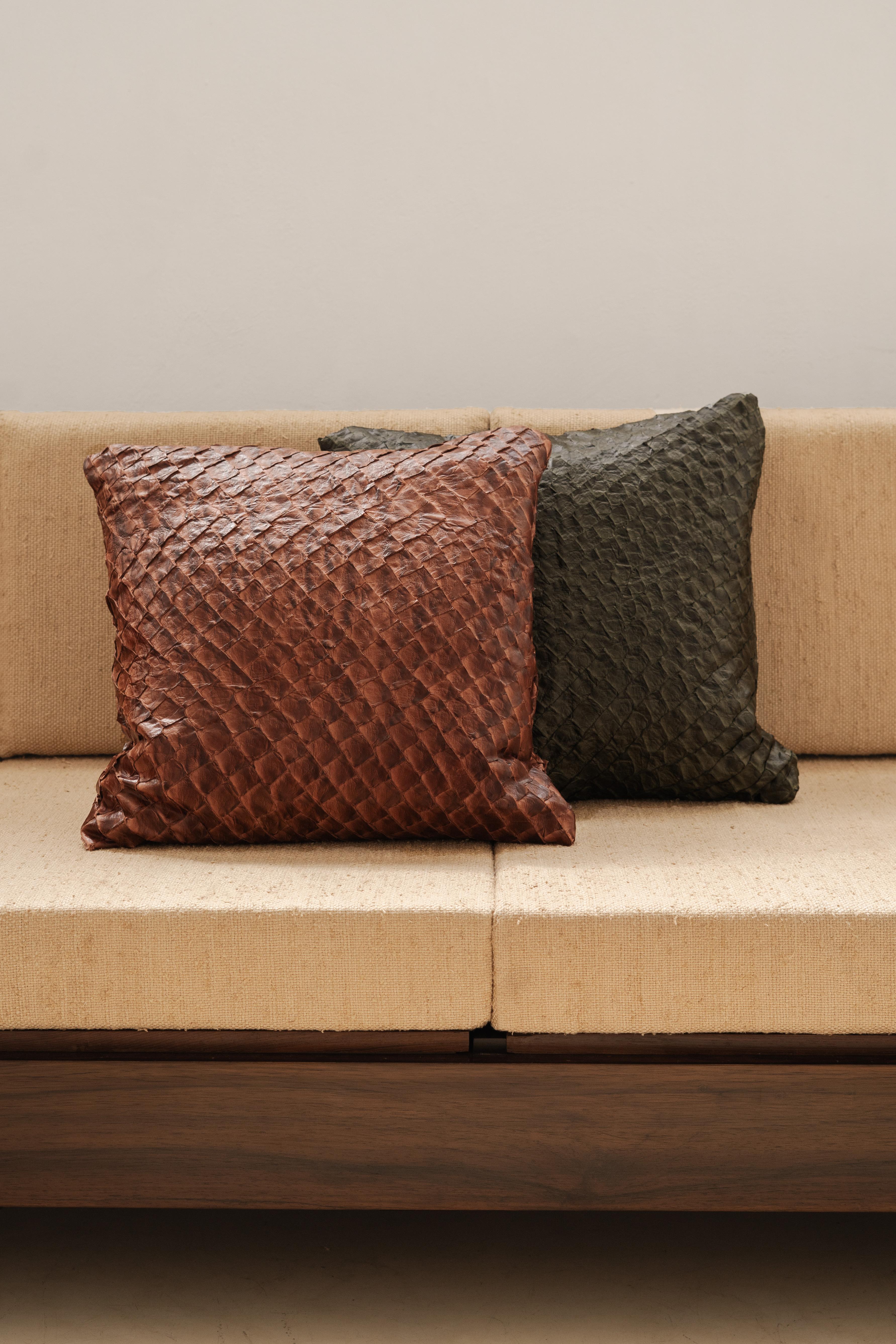 Pirarucu Leather Cushion Seal Brown by Bossa Home Collection, 2025 In Excellent Condition For Sale In New York, NY