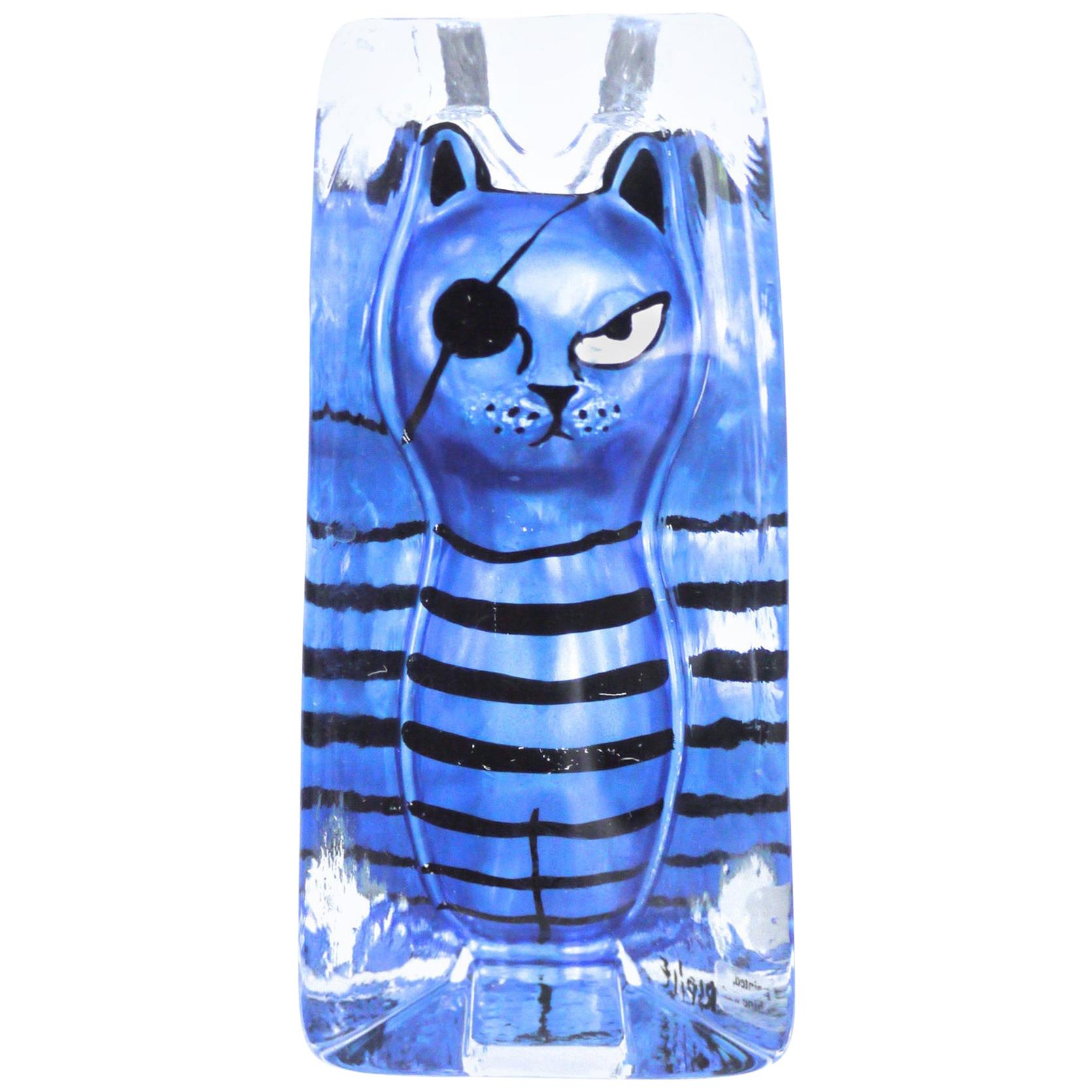 Pirate Cat Glass Sculpture Hand Painted by Sea Glasbruk, 1980s, Sweden For Sale