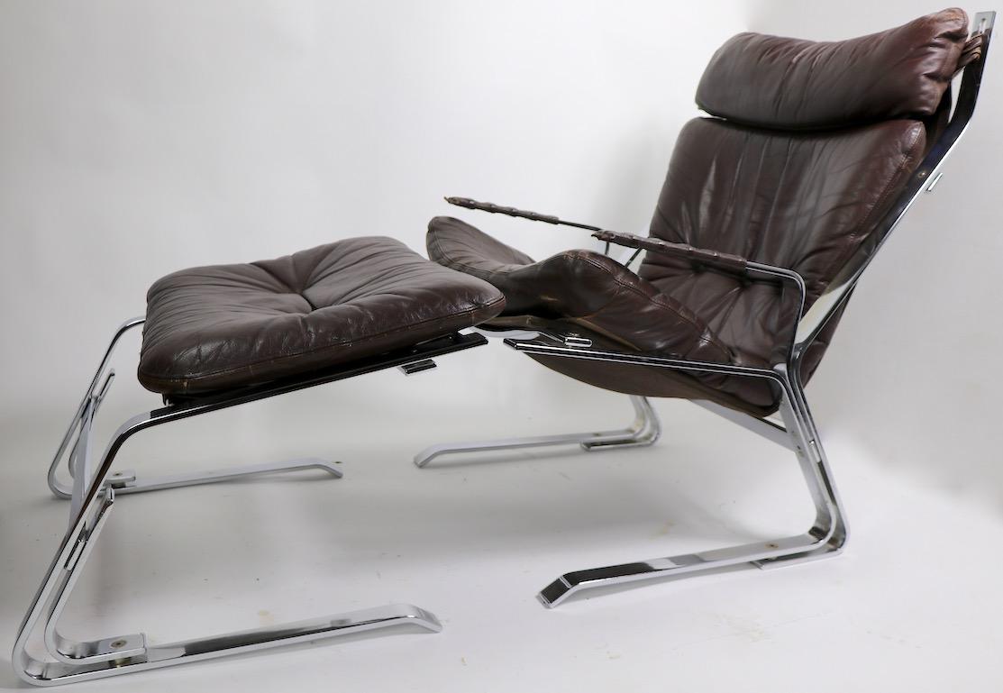 20th Century Pirate Chrome and Leather Lounge Chair and Ottoman For Sale