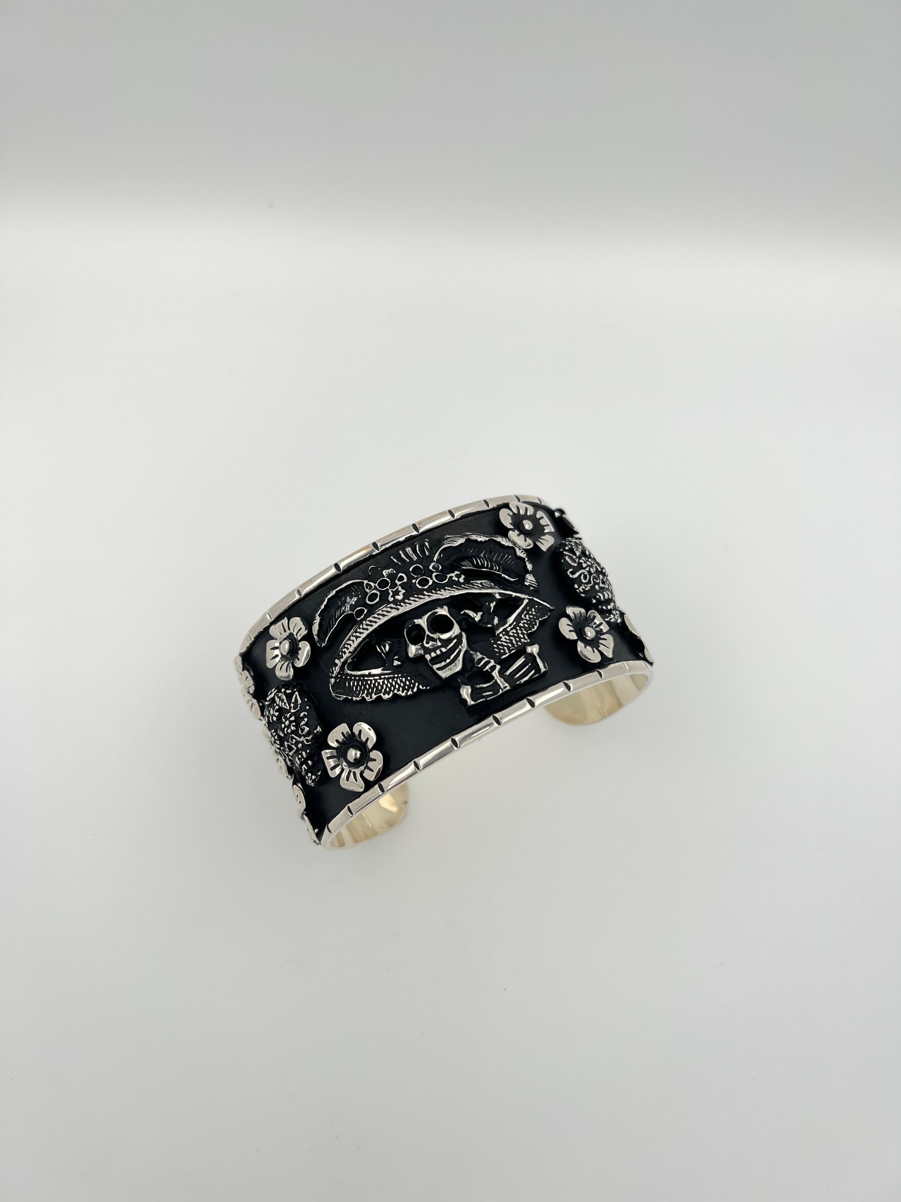 Pirate Flower Black Goth Art Hardy 925 Sterling Silver Wide Cuff Bangle Bracelet For Sale 5