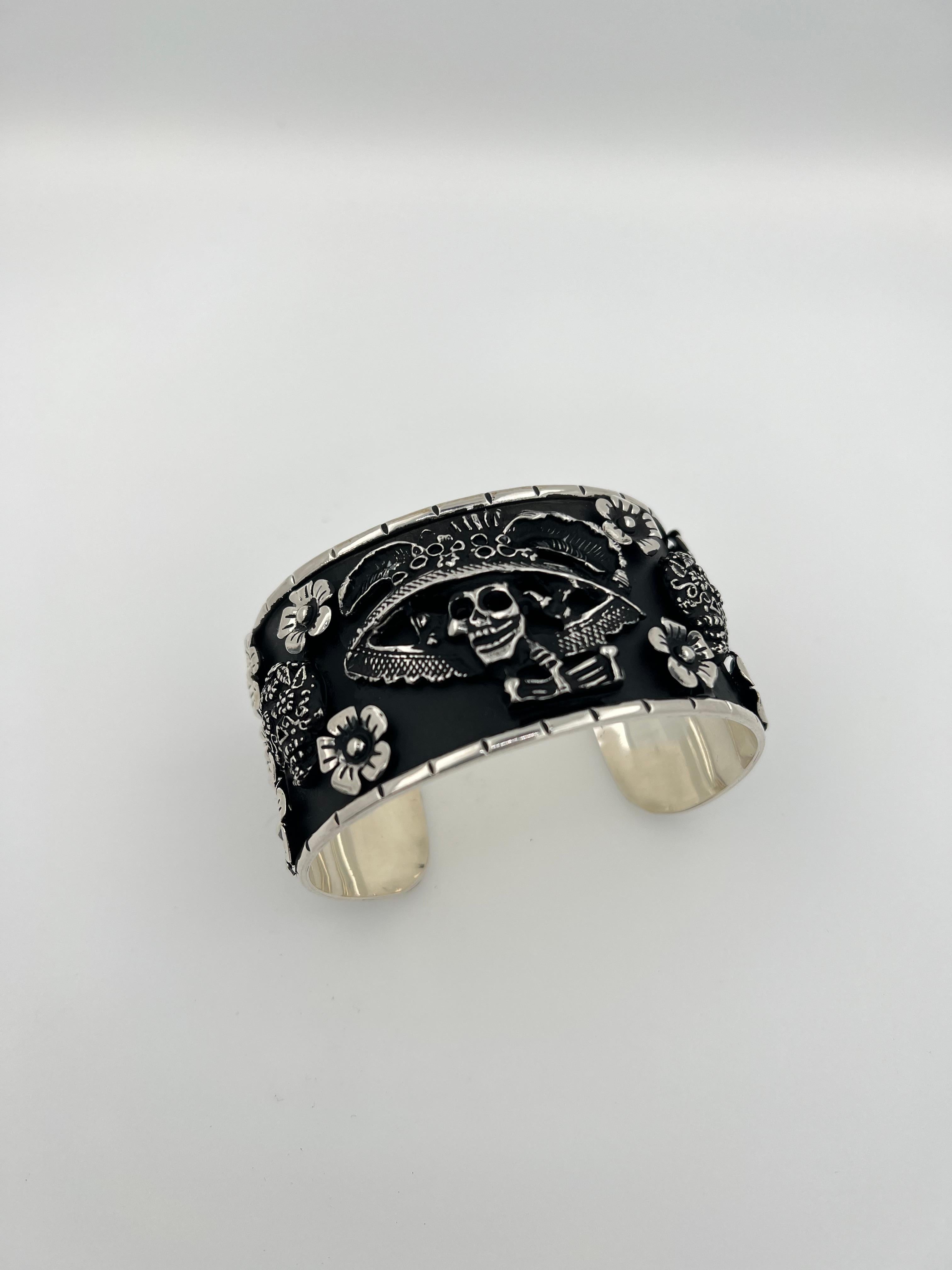 Modern Pirate Flower Black Goth Art Hardy 925 Sterling Silver Wide Cuff Bangle Bracelet For Sale