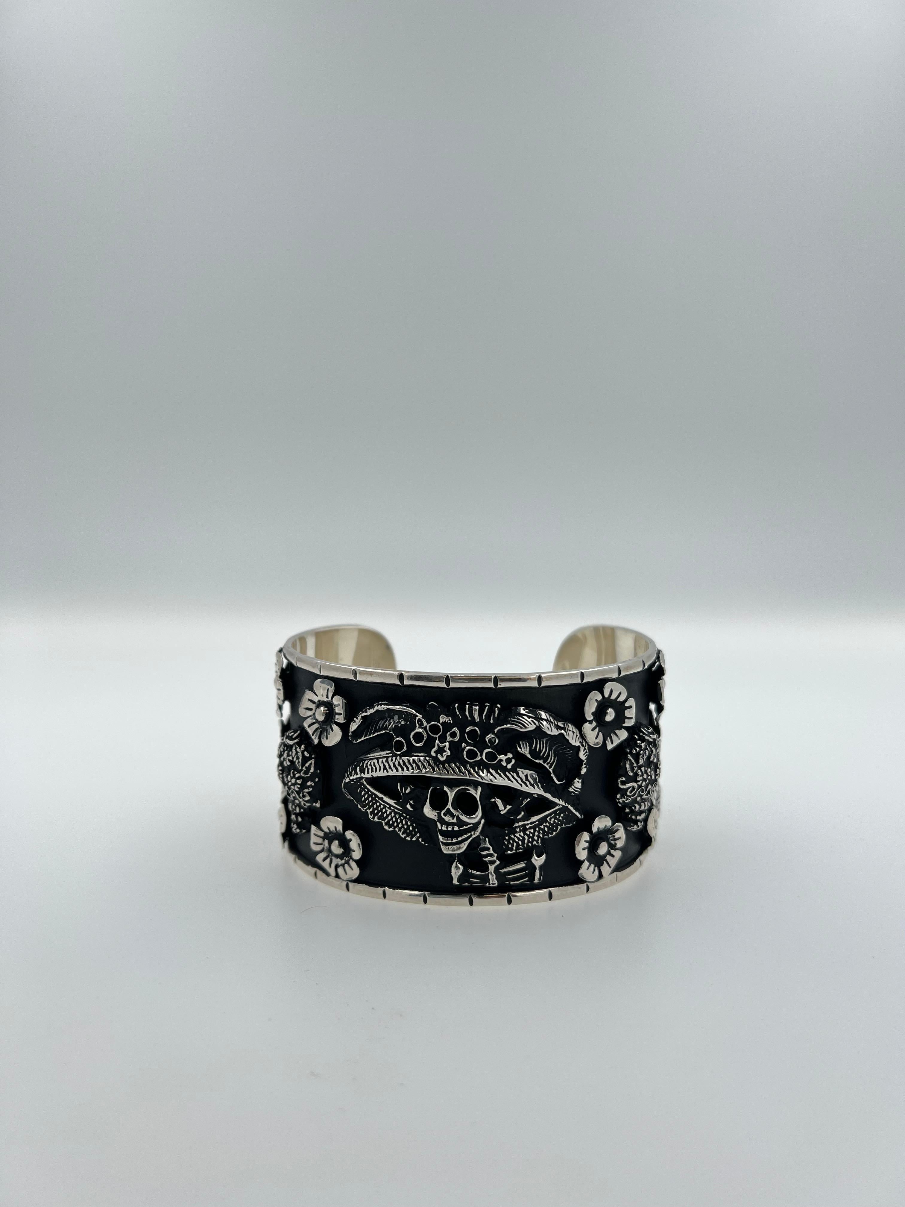 Pirate Flower Black Goth Art Hardy 925 Sterling Silver Wide Cuff Bangle Bracelet In New Condition For Sale In Oakton, VA