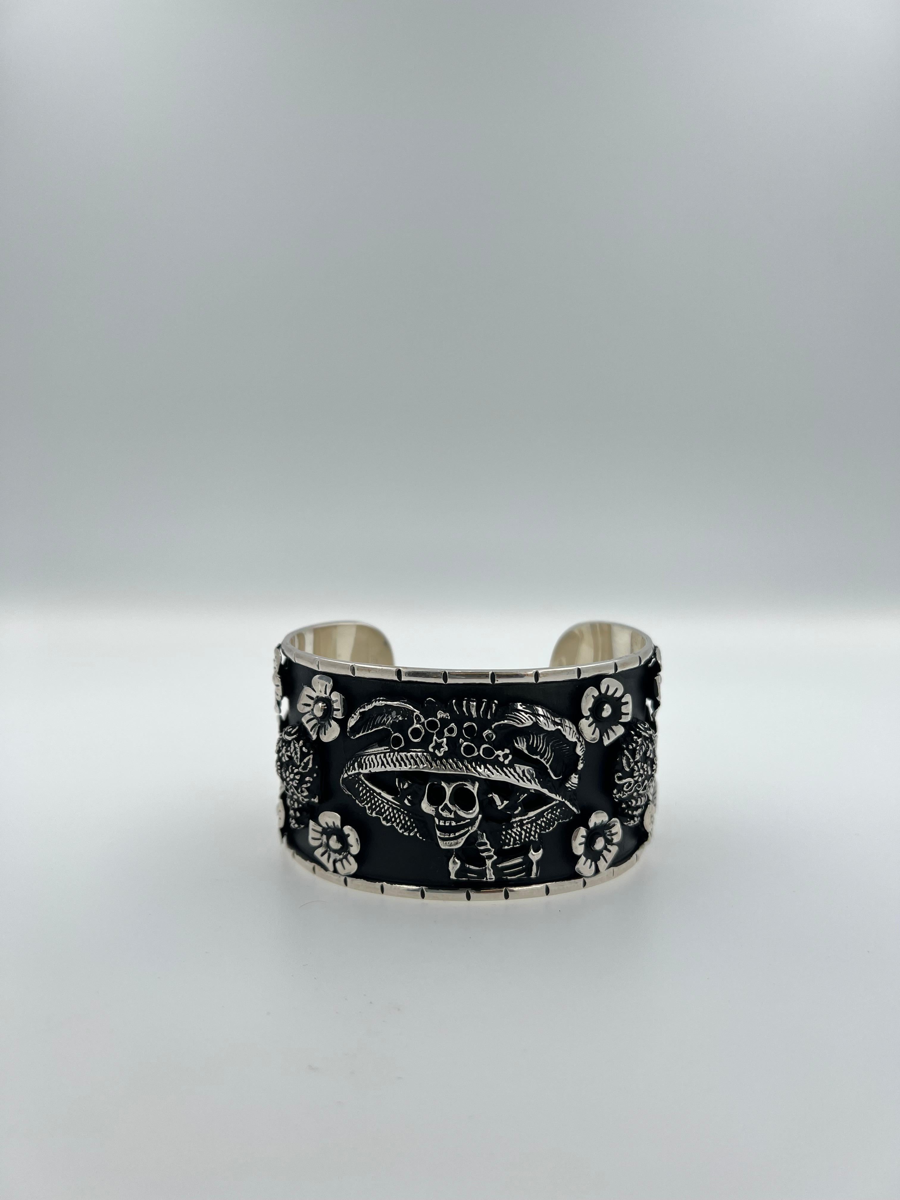 Pirate Flower Schwarz Goth Art Hardy 925 Sterlingsilber Breite Manschette Armreif Armband 2