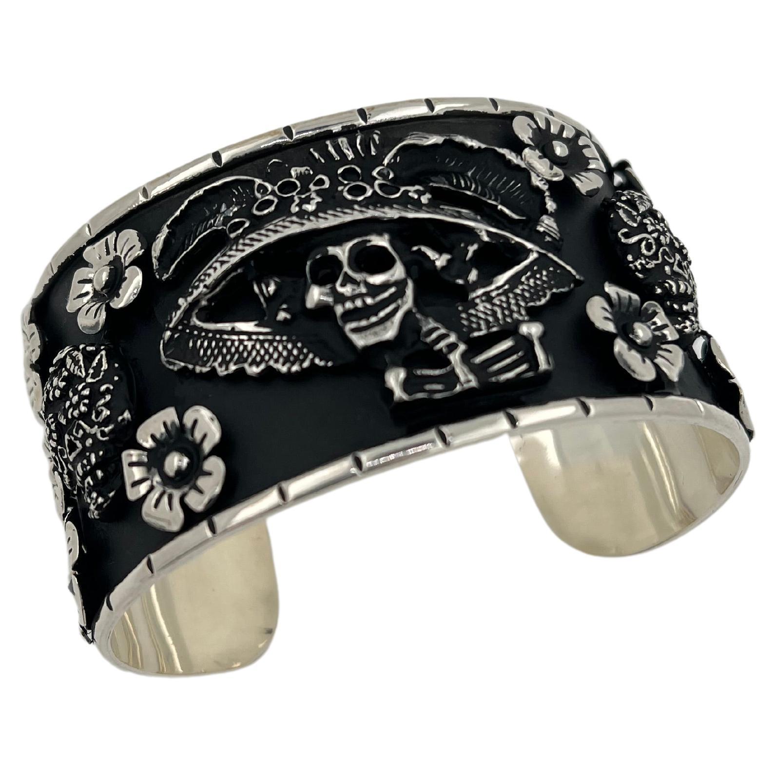 Pirate Flower Black Goth Art Hardy 925 Sterling Silver Wide Cuff Bangle Bracelet For Sale