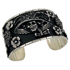Pirate Flower Black Goth Art Hardy 925 Sterling Silver Wide Cuff Bangle Bracelet