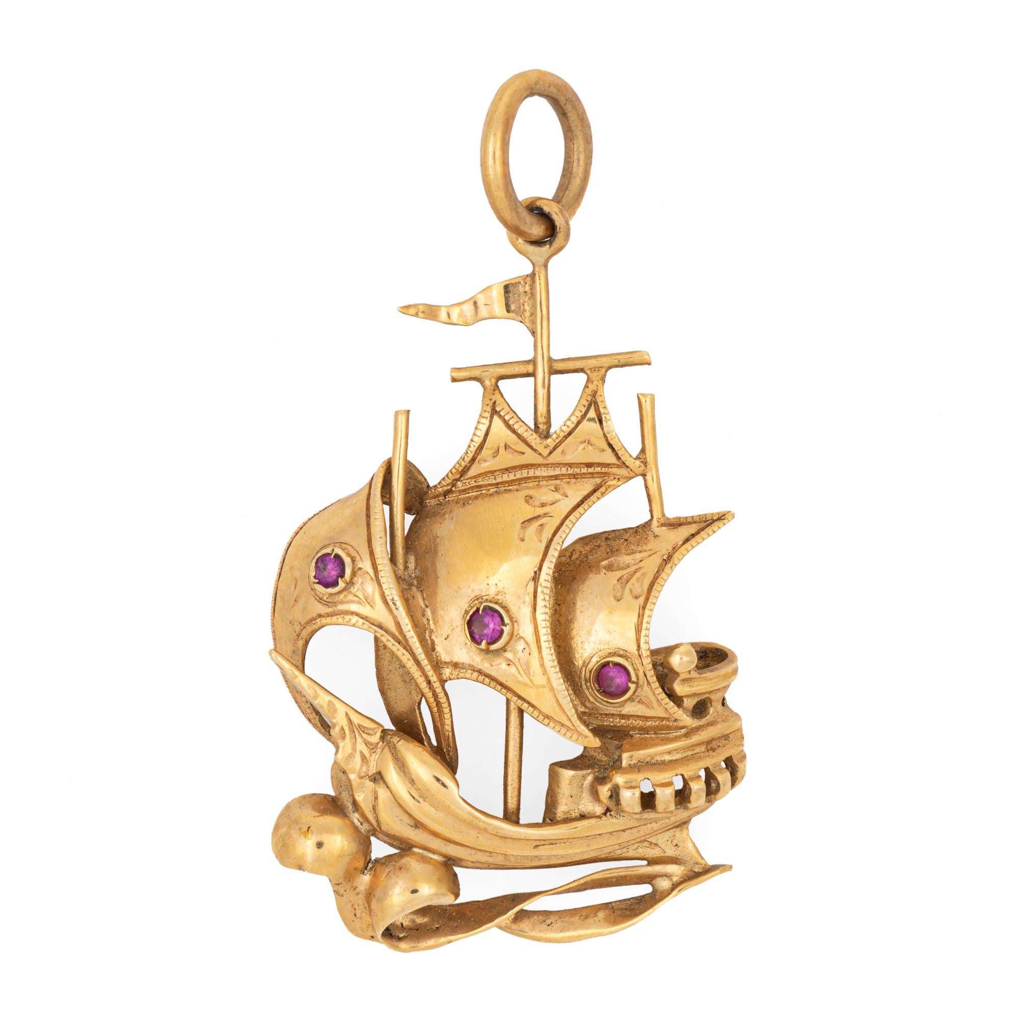 Round Cut Pirate Ship Charm Vintage 18k Yellow Gold Pendant Fine Estate Sailing Jewelry