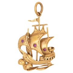 Pirate Ship Charm Vintage 18k Yellow Gold Pendant Fine Estate Sailing Jewelry