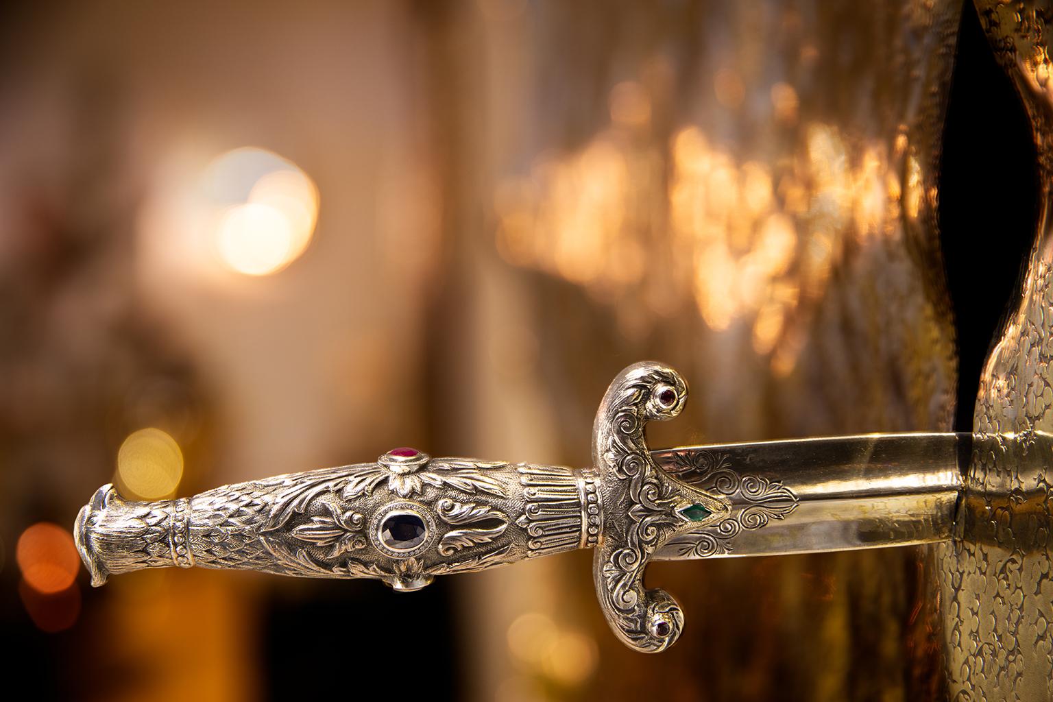Portuguese Pirate Wall Accessory, Aged Brass, Dagger with Precious Stones and Diamonds For Sale
