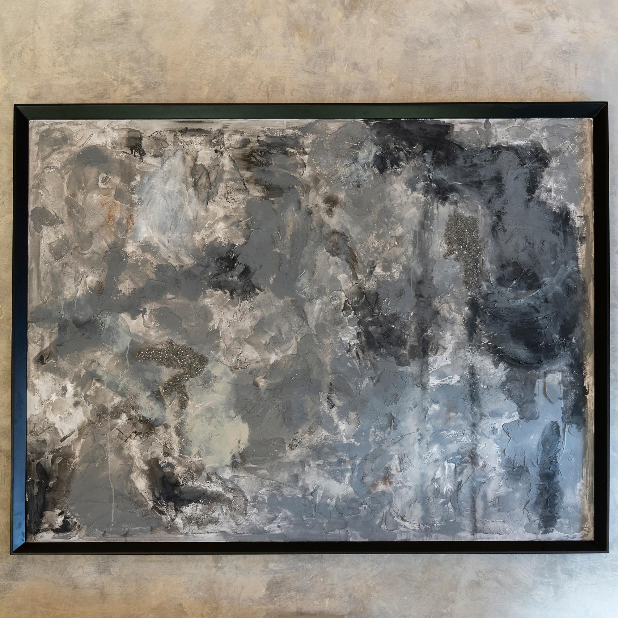 Contemporary abstract painting, acrylics and plaster on canvas, with pyrite details, wood frame, by Guendalina Dorata, Italy 2021.