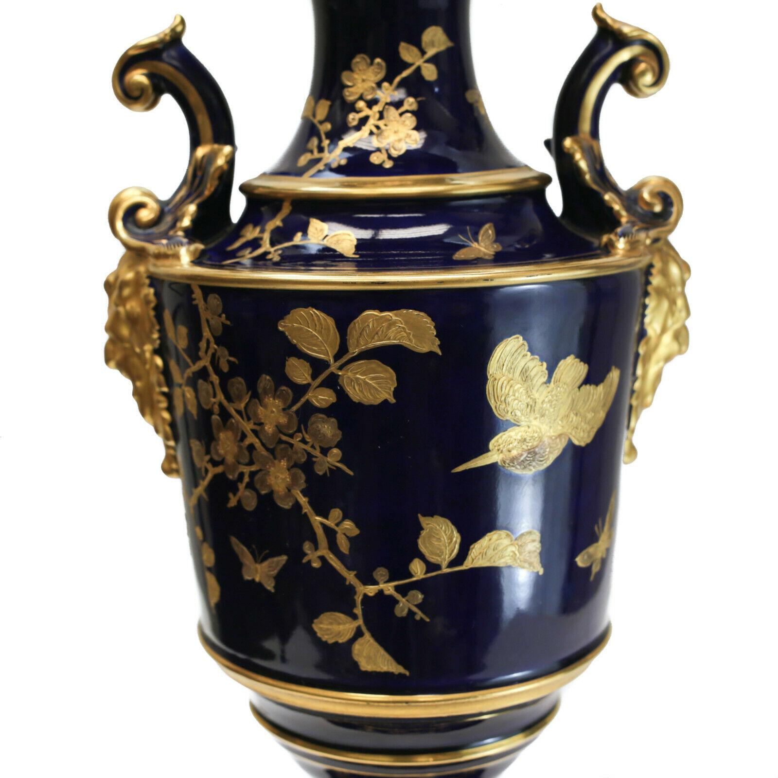 Pirkenhammer Cobalt Blue Porcelain and Gilt Double Handled Footed Vase In Good Condition In Gardena, CA