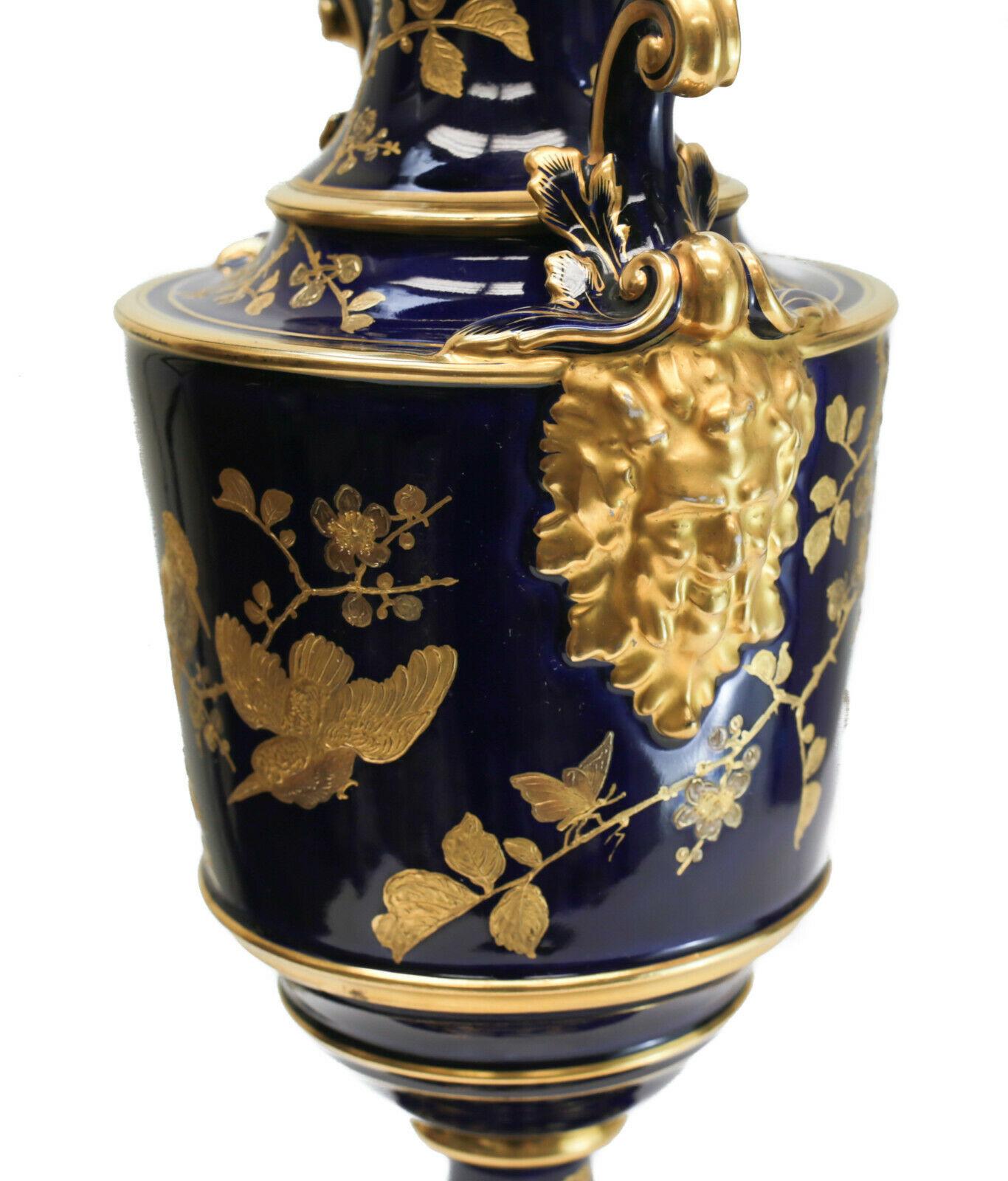 19th Century Pirkenhammer Cobalt Blue Porcelain and Gilt Double Handled Footed Vase