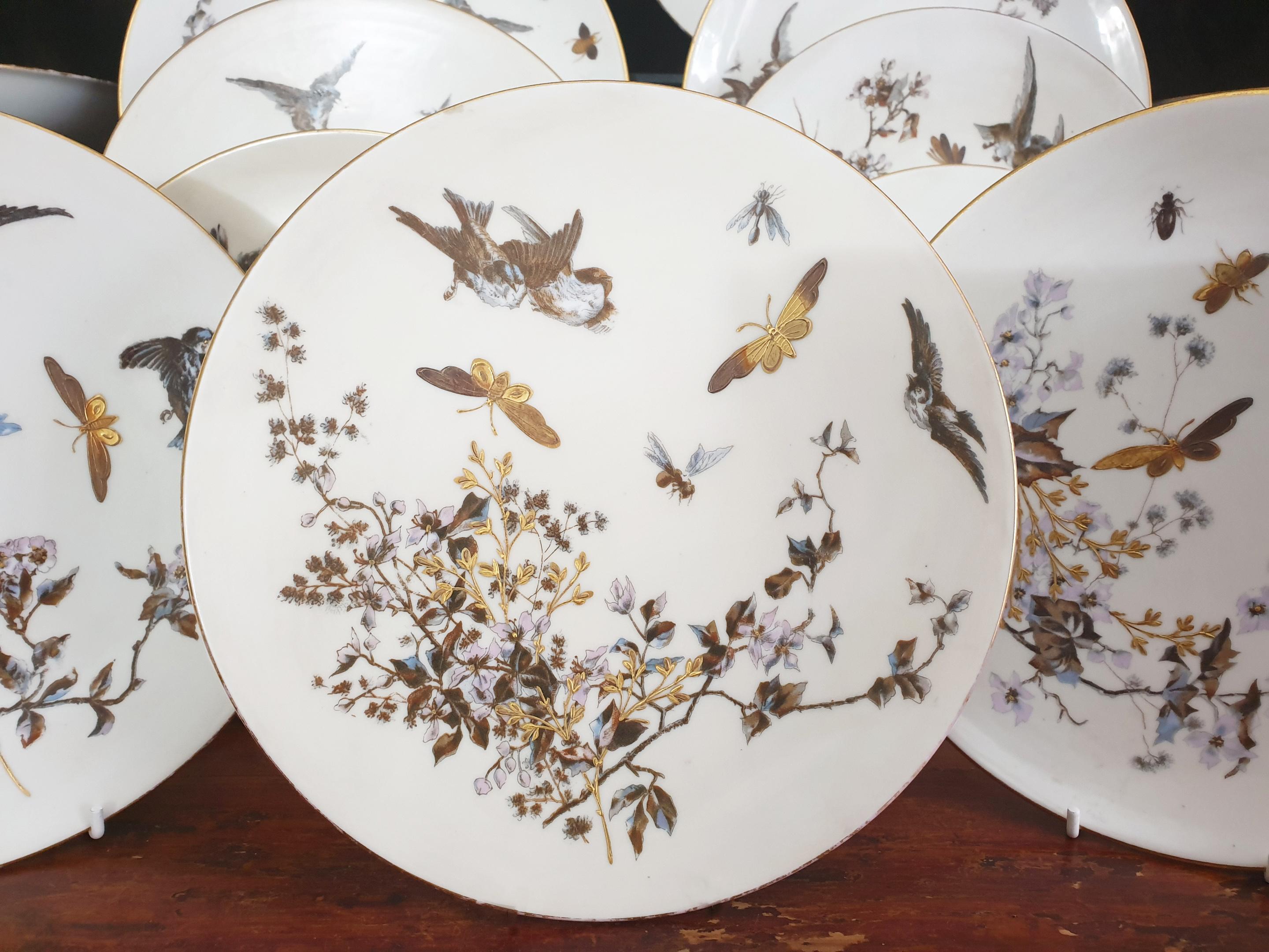 A Pirkenhammer porcelain dessert hand painted Service service for 12 persons. This amazing set consist of 12 plates and 3 comports, a total of 15 pieces.
All handpainted in the Aesthetic Movement style with butterflies, dragonflies, birds, bees,