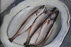 Vintage oil painting of fish, French still life
