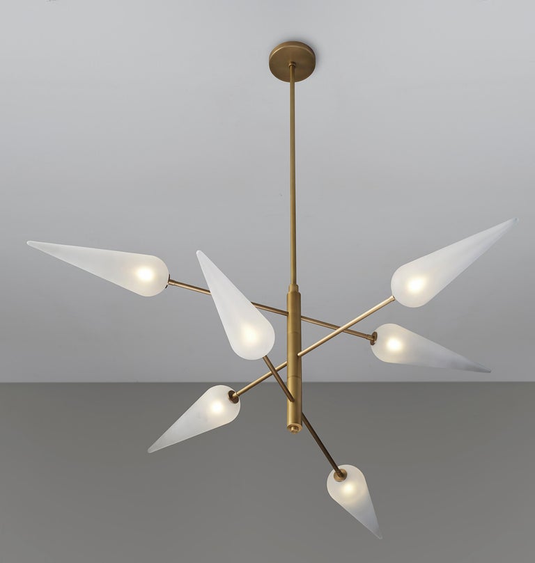 American Pirouette Chandelier in Natural Brass & Opal Blown Glass by Blueprint Lighting For Sale