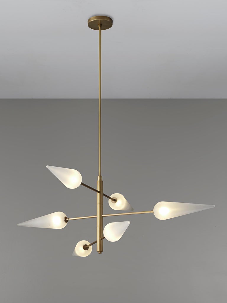 Pirouette Chandelier in Natural Brass and Opal Blown Glass by Blueprint