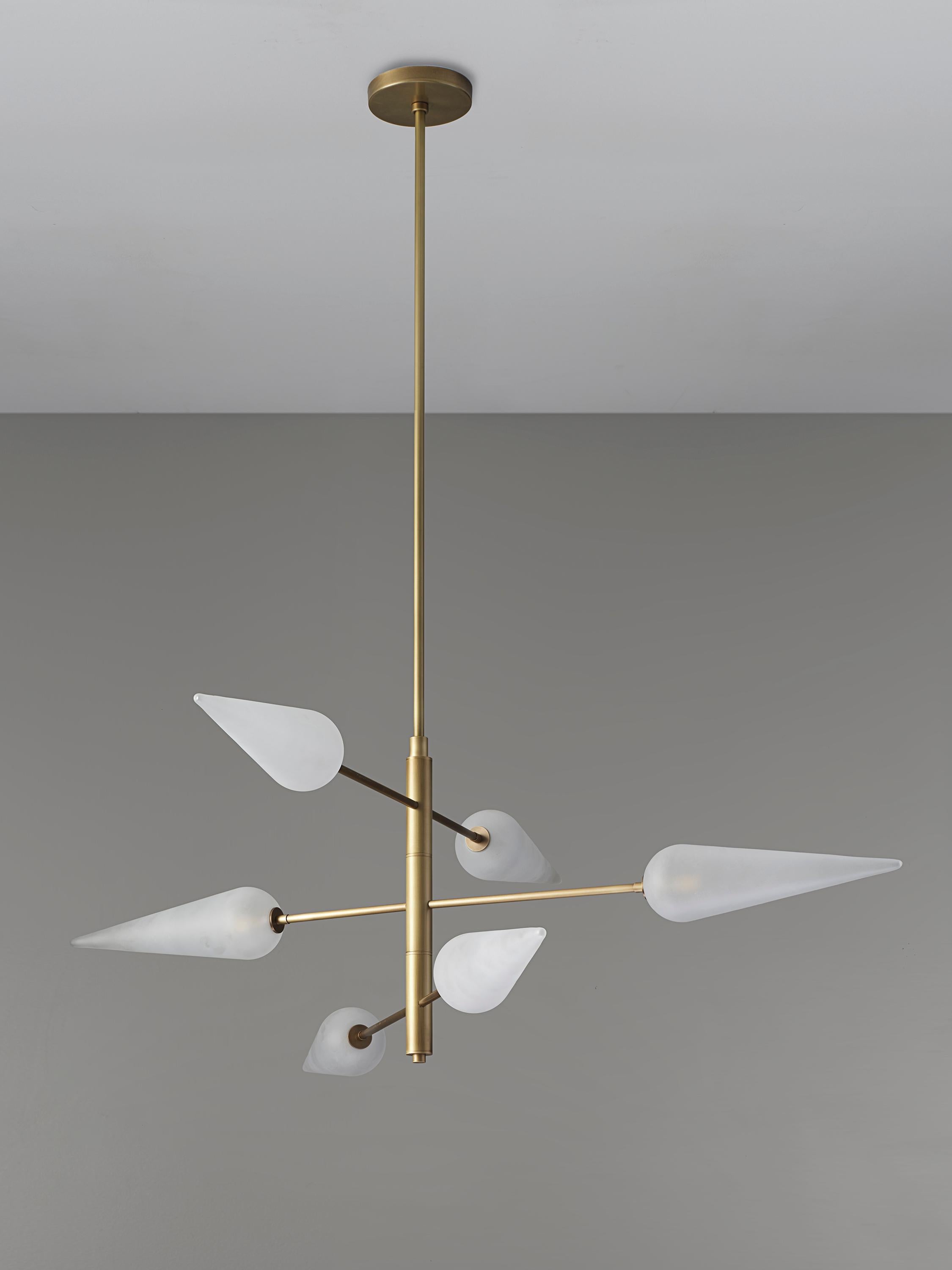 Contemporary Pirouette Chandelier in Natural Brass & Opal Blown Glass by Blueprint Lighting