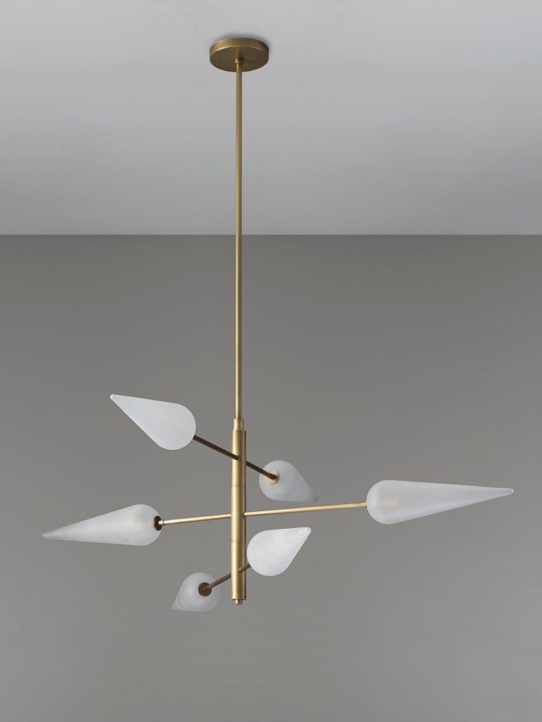 Contemporary Pirouette Chandelier in Natural Brass & Opal Blown Glass by Blueprint Lighting For Sale