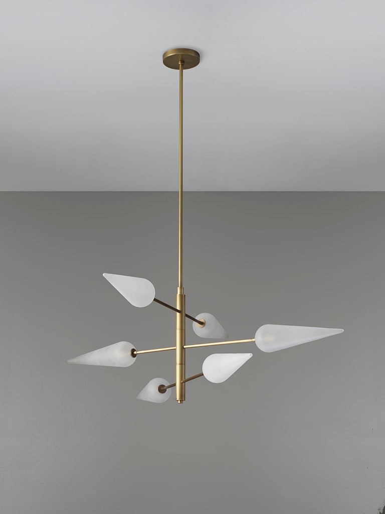 Pirouette Chandelier in Natural Brass & Opal Blown Glass by Blueprint Lighting For Sale 2