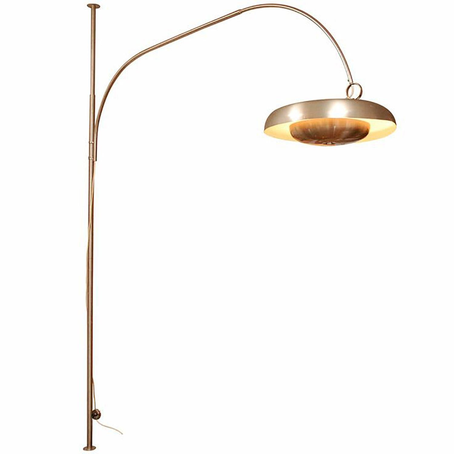 Gorgeous and rare PR arc lamp designed by Pirro Cuniberti for Sirrah Imola, Italy 1970 The tall arm of the piece is made of chrome-plated tubular metal. The height of the pole is adjustable to accommodate different ceiling heights. The bent arm that