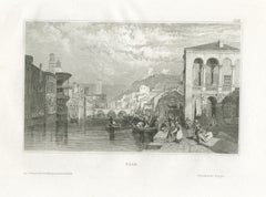 Pisa, Antique Italian River View with a Loggia Palace, circa 1850