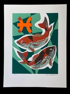 Pisces 2/19-3/20 Vintage Cubist Zodiac Modern Art Orig Silkscreen S/N Rare