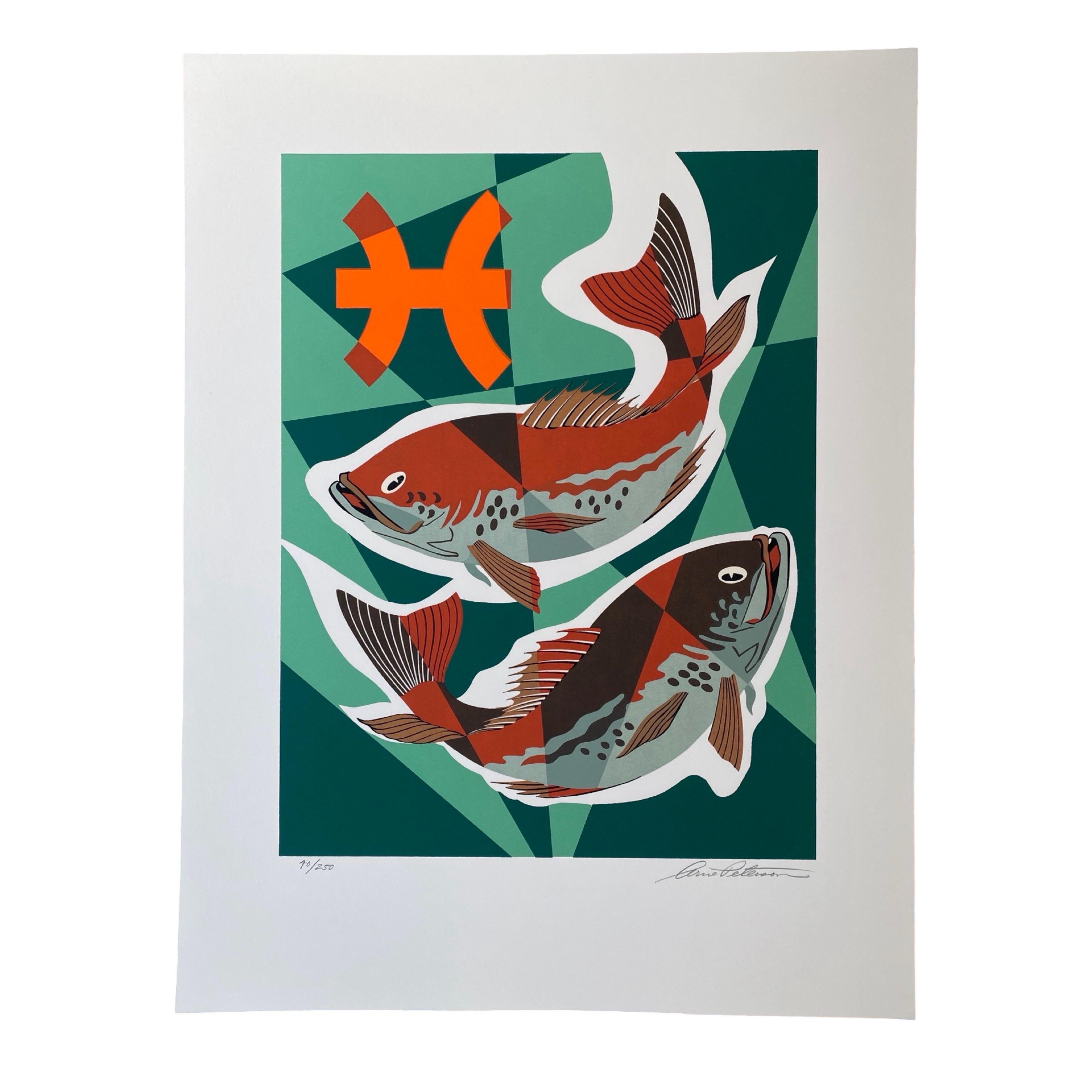 Pisces 2/19-3/20 Vintage Cubist Zodiac Modern Art Orig Silkscreen S.N.S.A. Rare