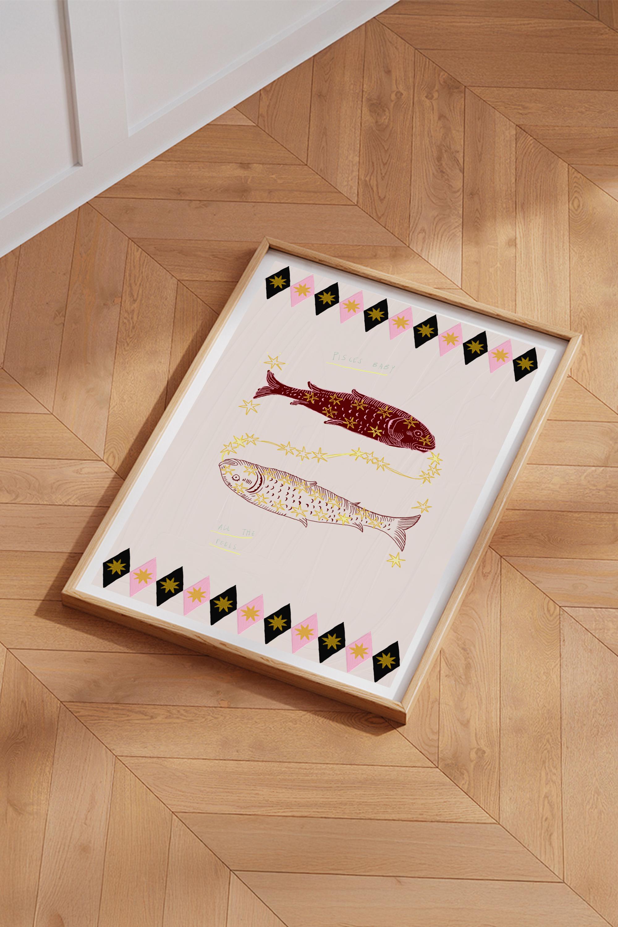 Moderno Poster del segno zodiacale dei Pesci di Leticia Gagetti - Formato A3 in vendita