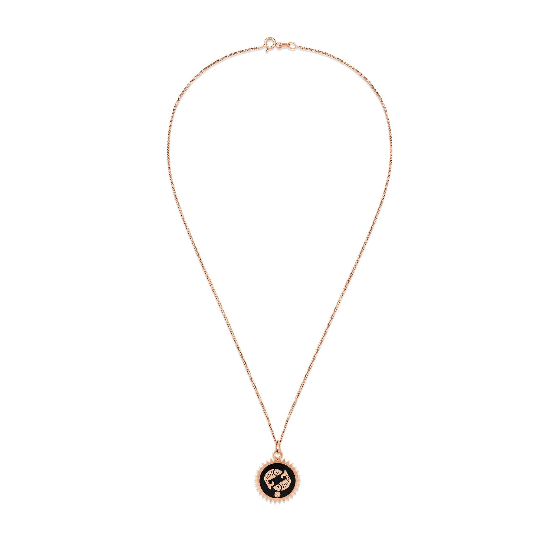 Pisces necklace in 14k rose gold with black enamel & white diamond

Additional Information:-
Collection: Zodiac collection
14K Rose gold
0.01ct White diamond
Pendant height 1cm
Chain length 40cm