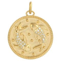 Pisces Sunsign Zodiac Pendant with Pave Diamonds In 14k Yellow Gold