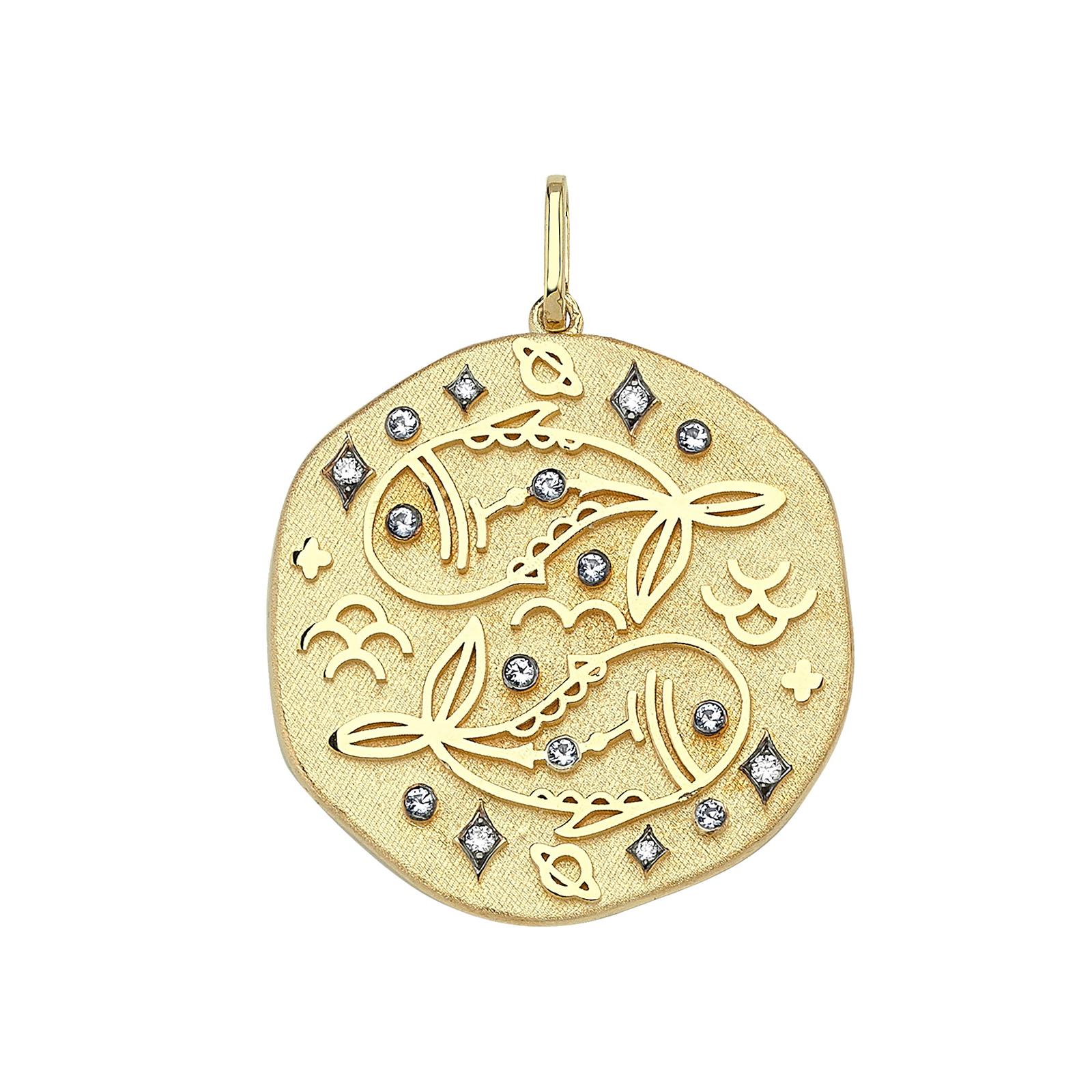14 Karat Yellow Gold Necklaces Strung With Handcrafted Medallions Illustrating Twelve Horoscope Signs.
The Customized Symbol With Brilliant-Cut Diamonds And An Auspicious Birthstone Believed To Protect And Bring Luck To Its Wearer. Allow This