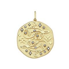 Pisces Zodiac Charm Necklace, Lucky Stone Diamond and Aquamarine 14K Yellow Gold