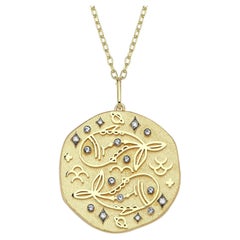 Pisces Zodiac Charm Necklace, Lucky Stone Diamond and Aquamarine 14K Yellow Gold