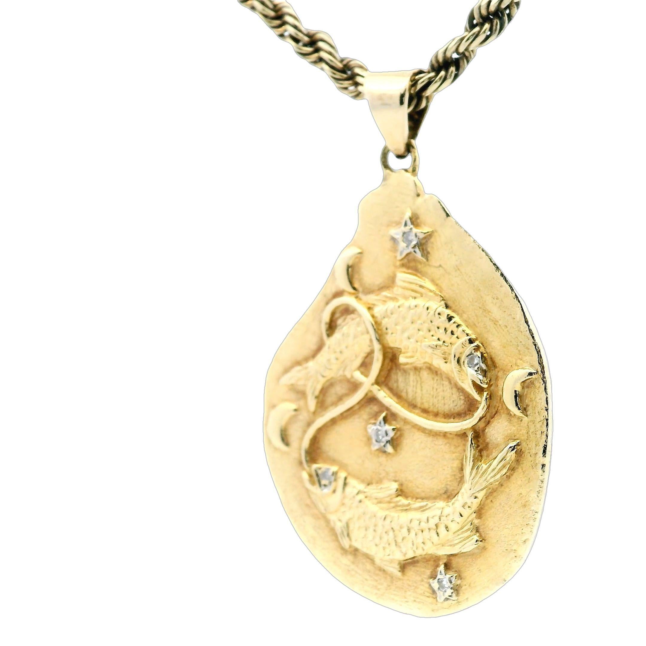 Fische Zodiac Diamant 14 Karat Gelbgold Freiform-Anhänger Halskette (Moderne)