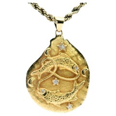 Pisces Zodiac Diamond 14 Karat Yellow Gold Freeform Pendant Necklace