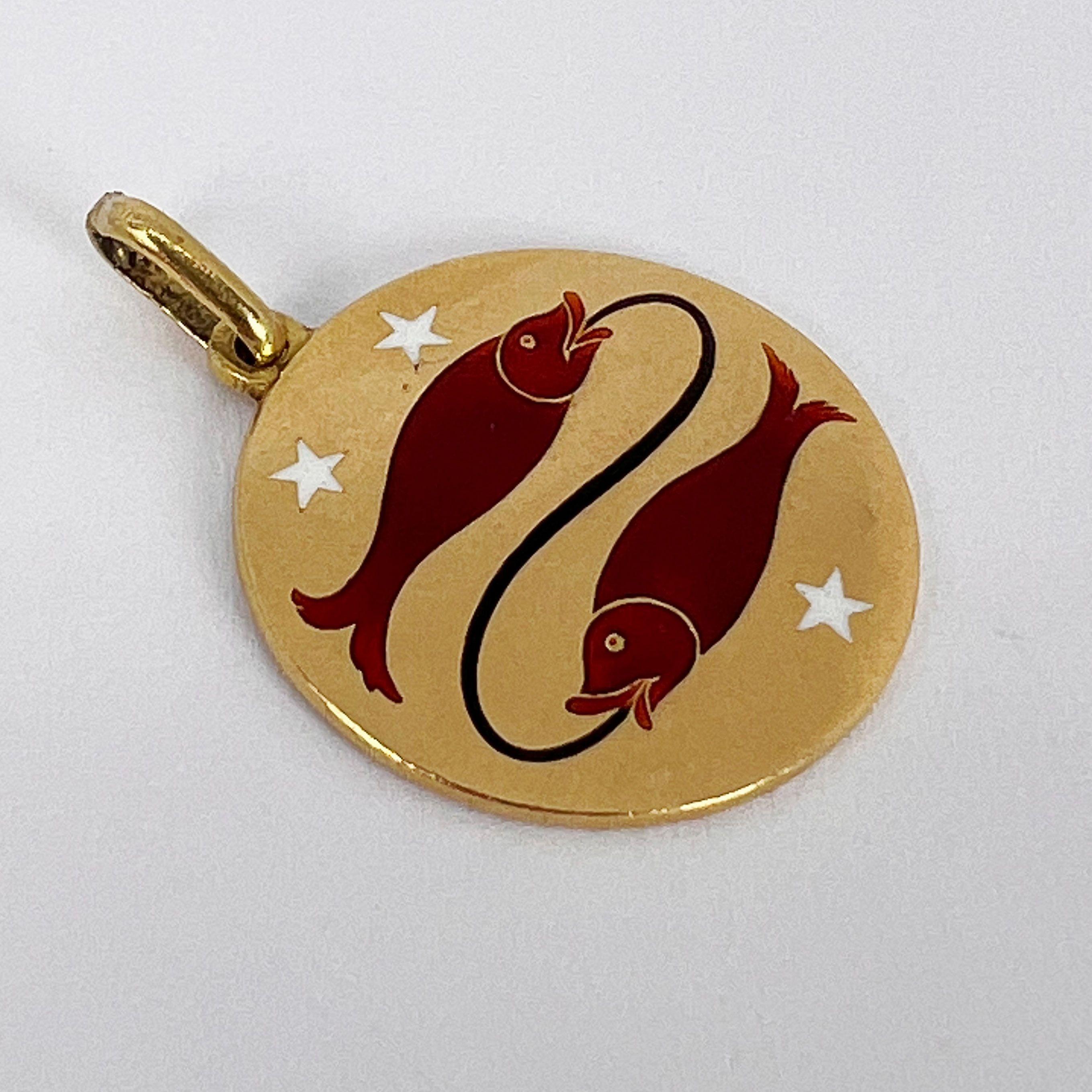 Pisces Zodiac Fish 18K Yellow Gold Enamel Charm Pendant For Sale 6