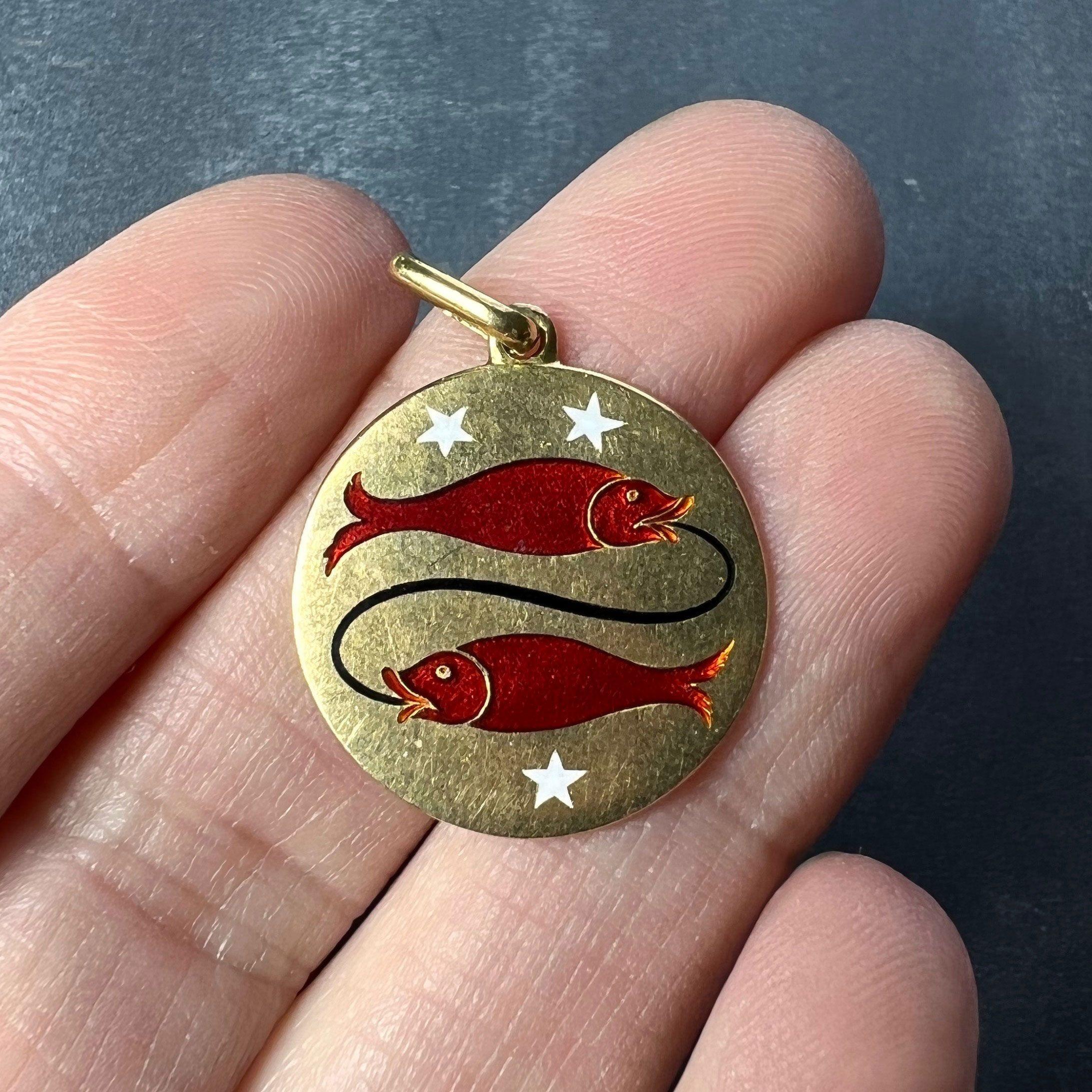 Women's Pisces Zodiac Fish 18K Yellow Gold Enamel Charm Pendant For Sale