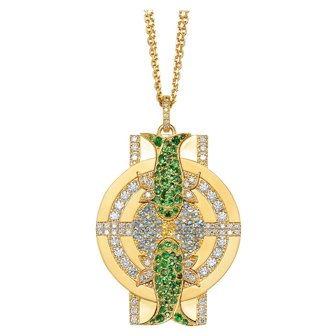 Pisces Zodiac Pendant 18k Gold, 66 Dias, 66 Tsavorites, 54 Aquamarines, 4 Sapphs