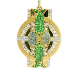 Pisces Zodiac Pendant Necklace, 18k Gold, 66 Dias, 66 Tsavs, 54 Aquas, 4 Sapphs