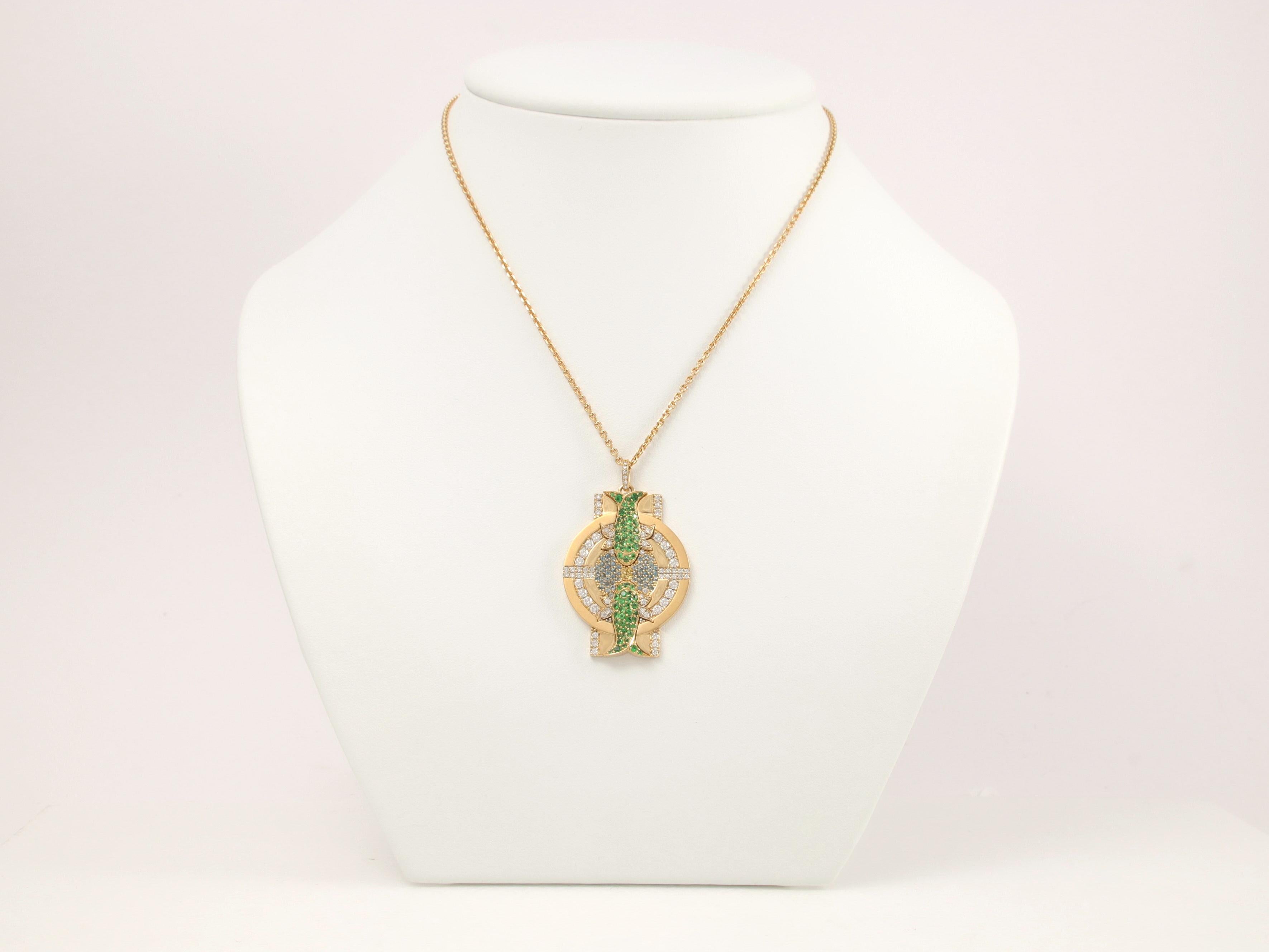 Women's Pisces Zodiac Pendant Necklace, 18k Gold, 66 Dias, 66 Tsavs, 54 Aquas, 4 Sapphs For Sale