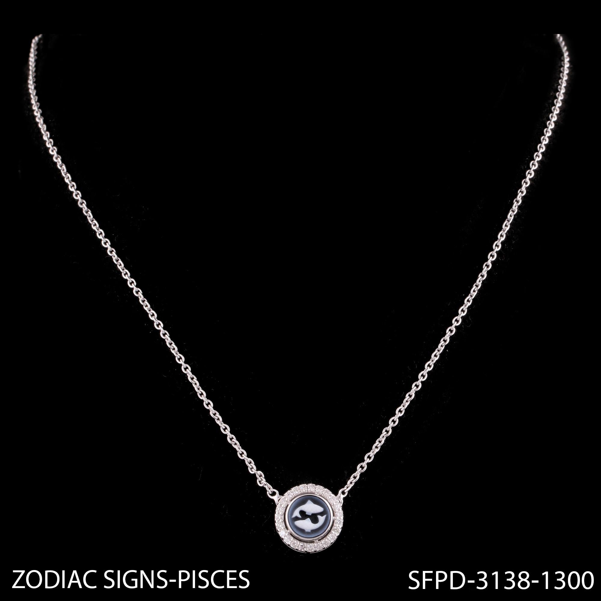 Modern Pisces Zodiac Sign H/SI Diamond Astrological Pendant 14k White Gold Necklace For Sale