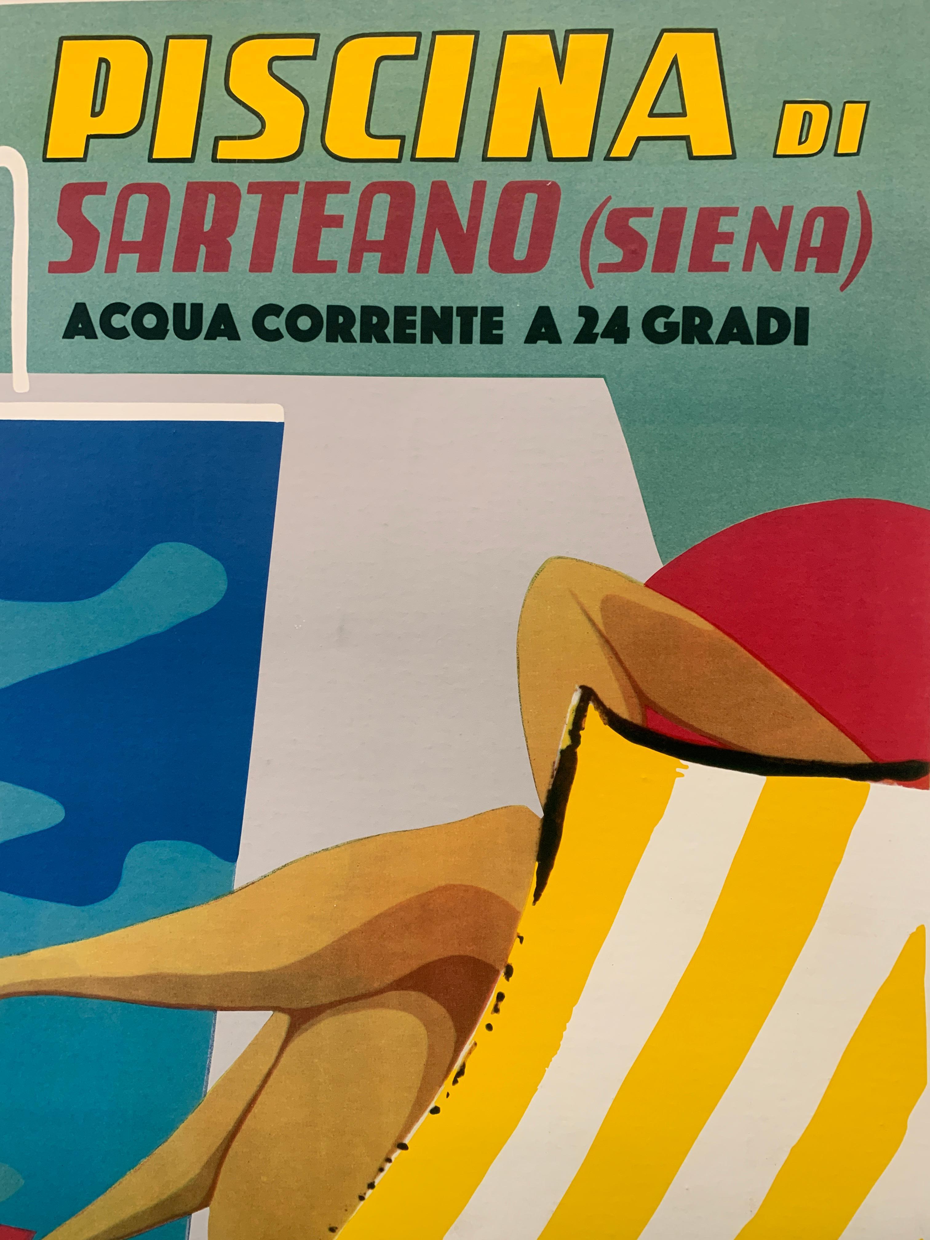 A charming poster which was created to promote a swimming pool in Italy that was open to the public. It is designed with a crisp graphic style to convey a sense of relaxation and elegance.

