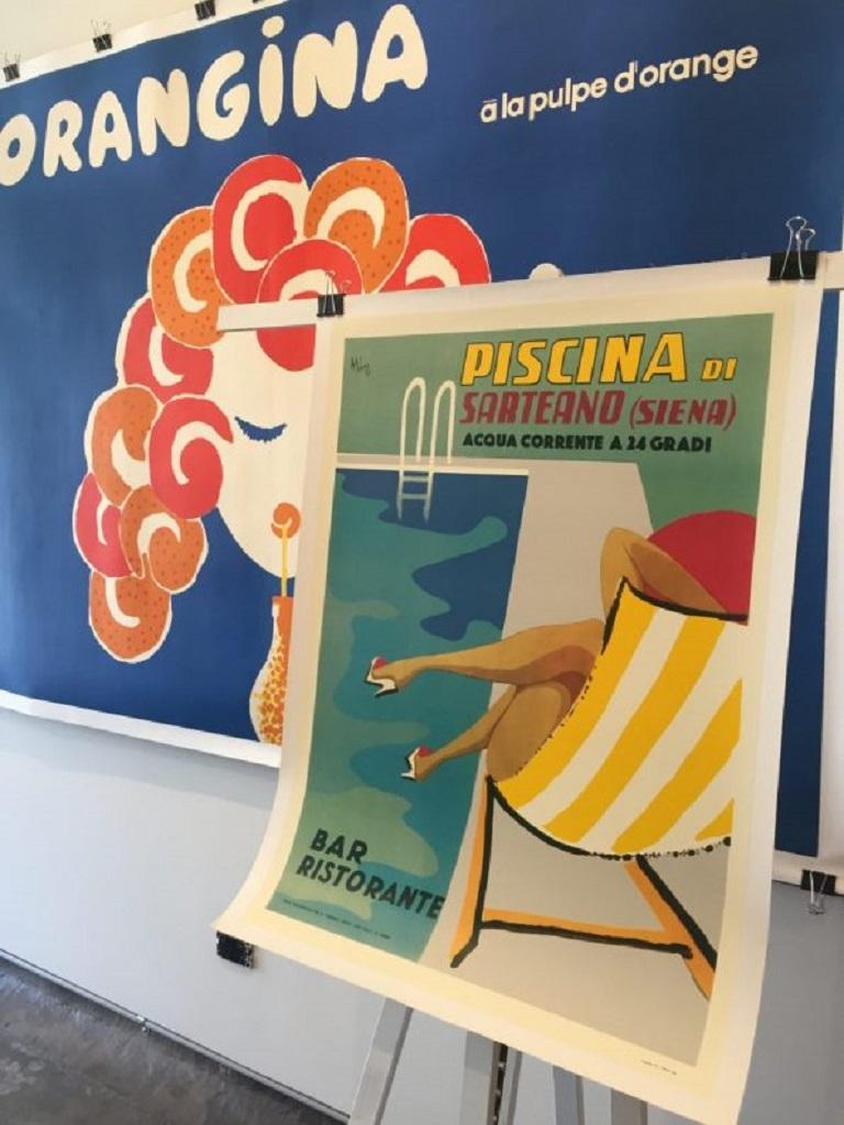 A charming poster which was created to promote a swimming pool in Italy that was open to the public. It is designed with a crisp graphic style to convey a sense of relaxation and elegance.